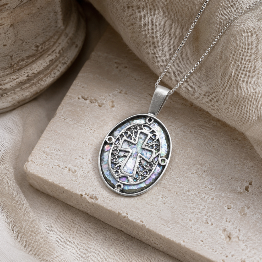 18" Oval Ancient Roman Glass Cutout Cross Necklace