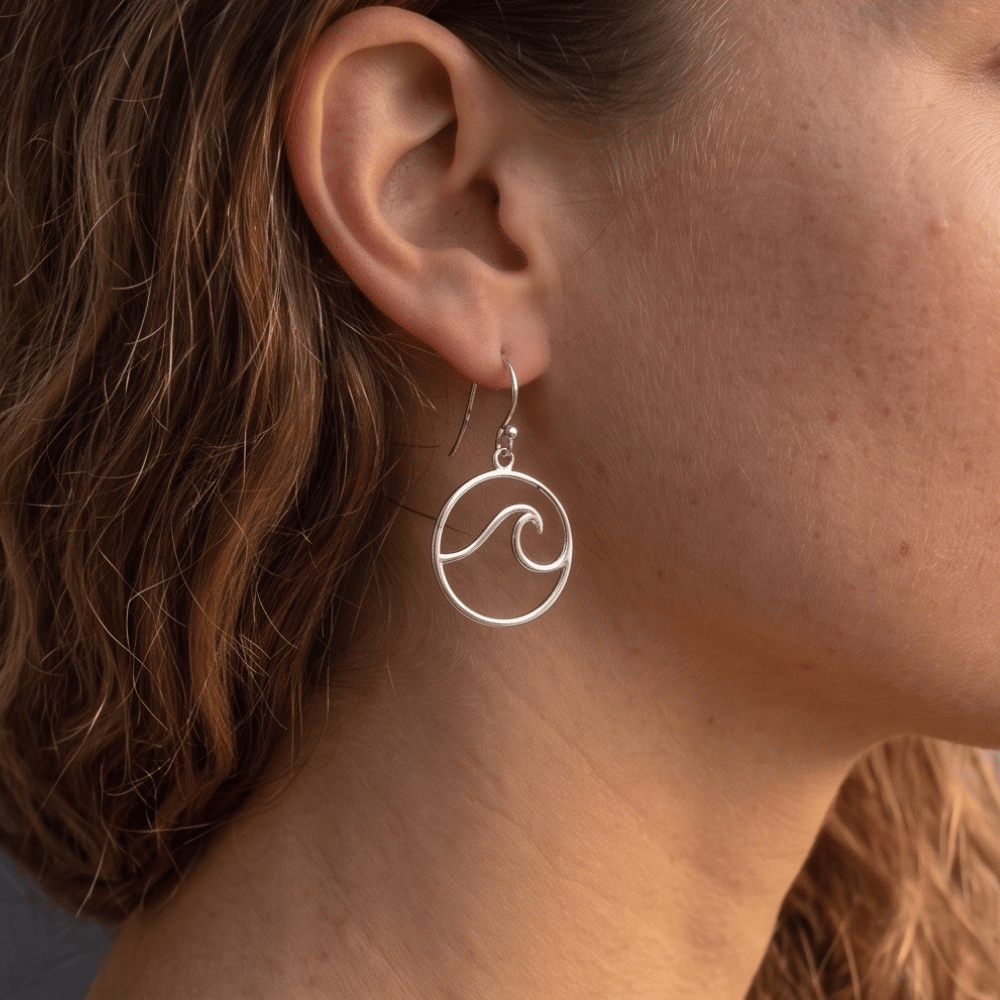Rhodium Plated Outline Wave French Wire Earrings