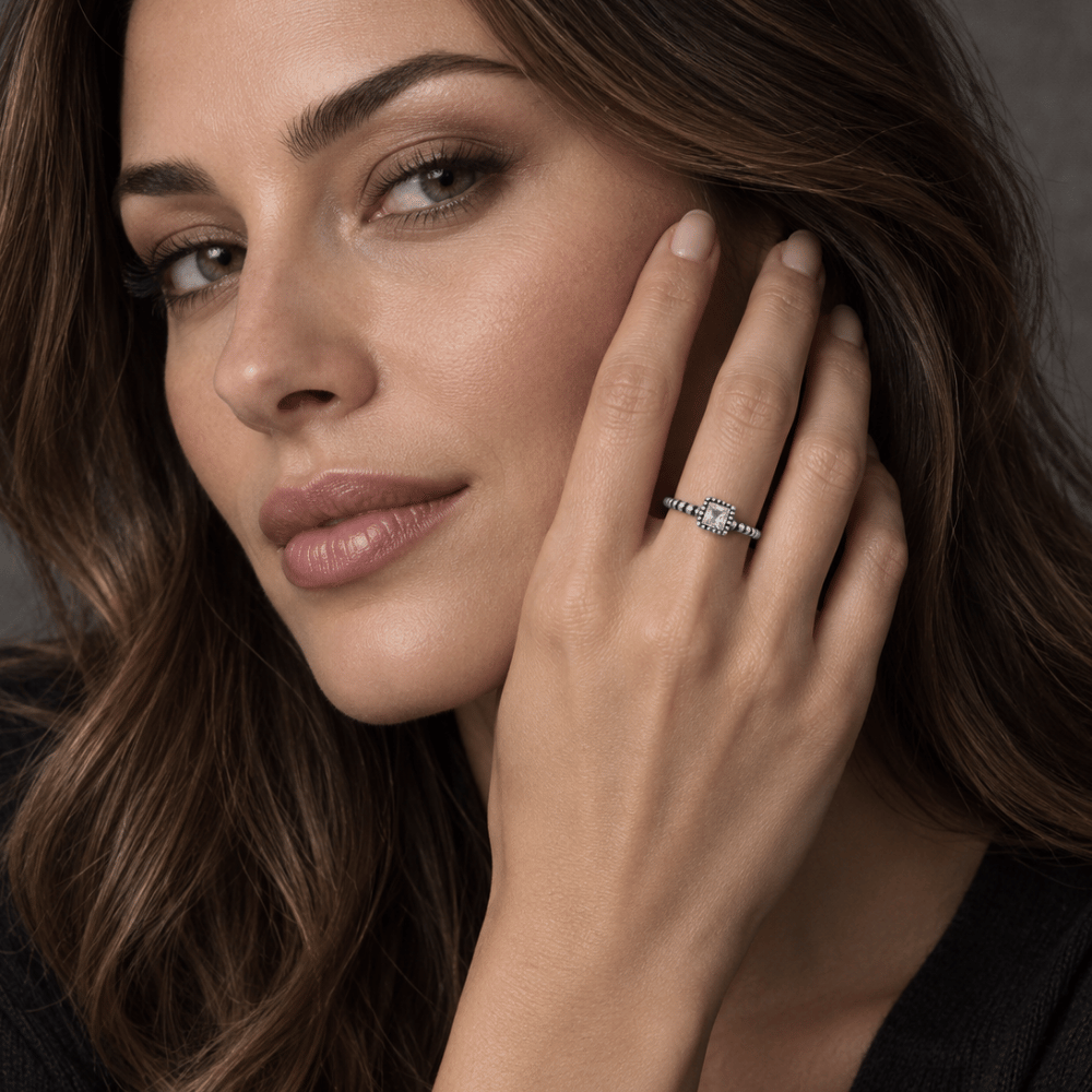 Rhodium Plated Oxidized Square CZ and Beaded Band Ring