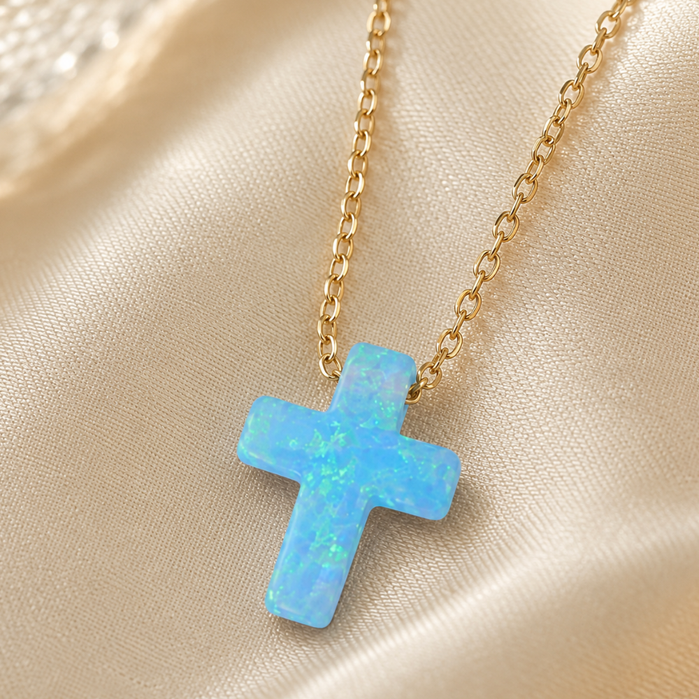 16" + 2" 14 Karat Gold Plated Synthetic Opal Cross Necklace