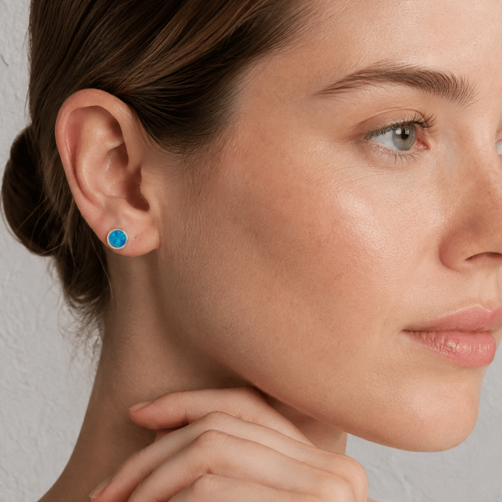 Rhodium Plated Synthetic Opal Stud Earrings