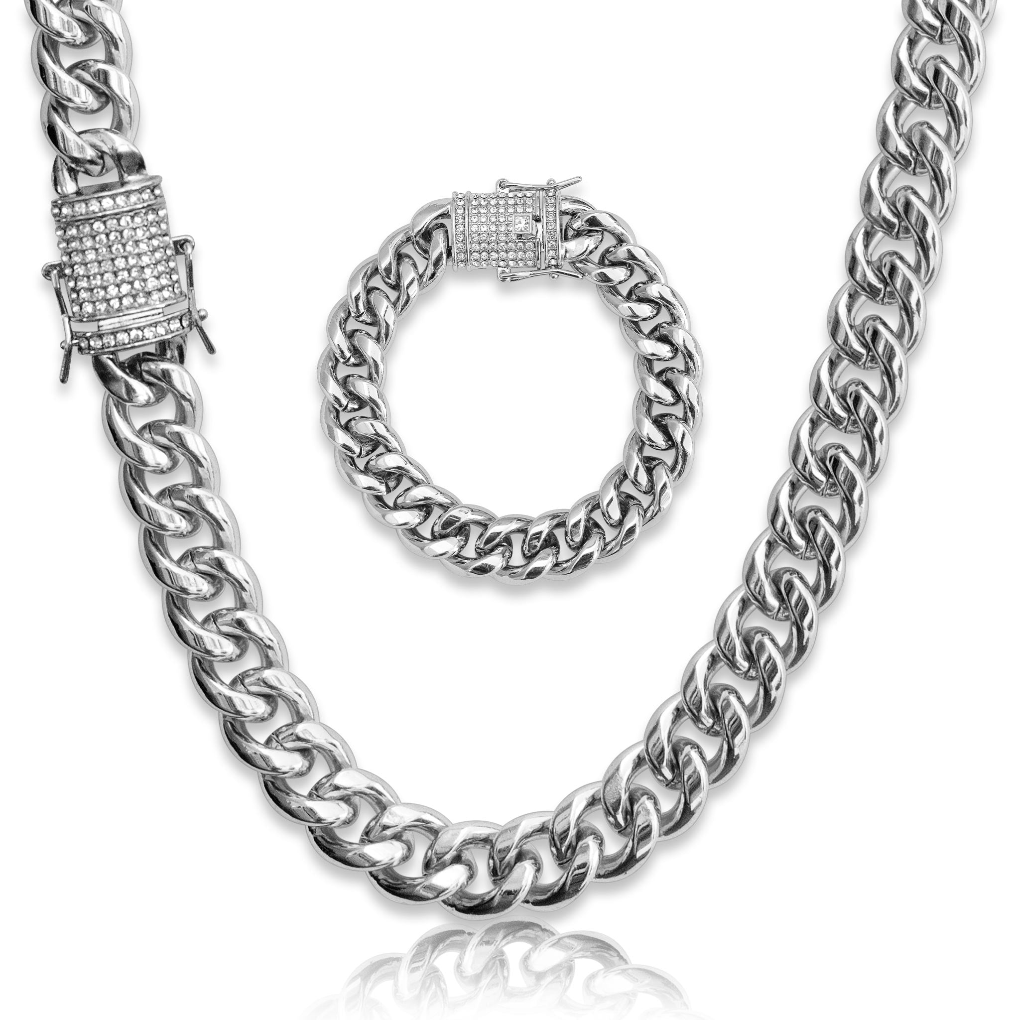 14mm Miami Cuban Link Bracelet And Chain Set - Stainless Steel Silver With CZ Clasp