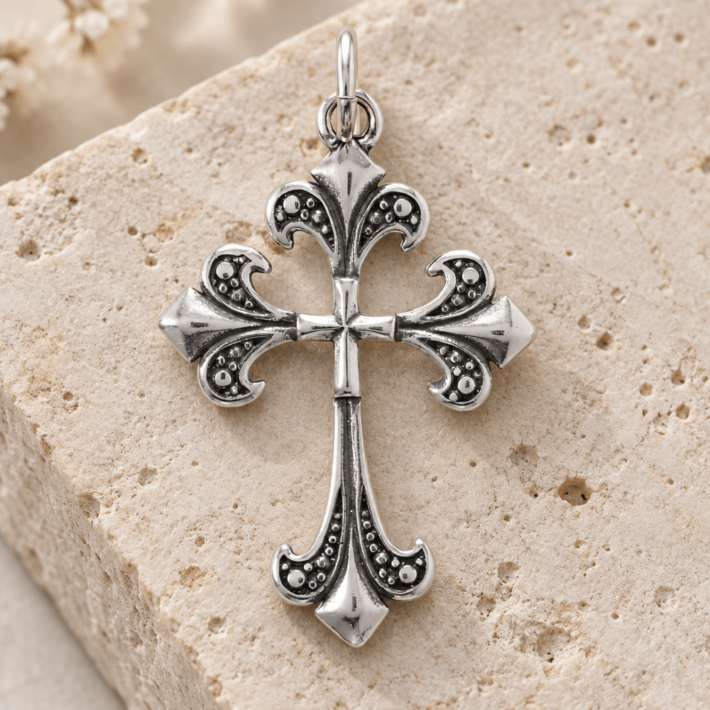 Oxidized Fleur De Lis Cross Pendant