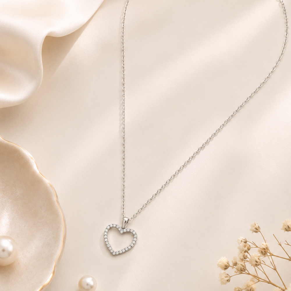 16" + 2" Rhodium Plated CZ Heart Necklace