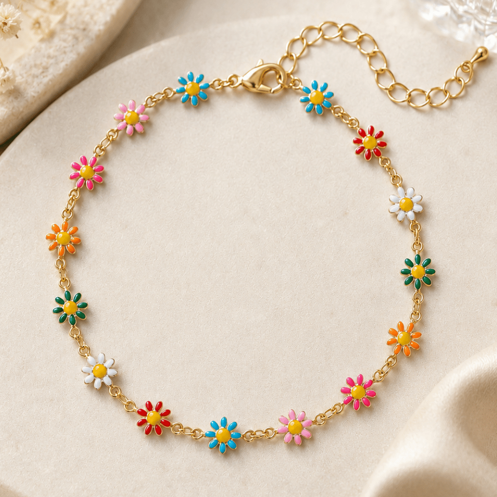 9" + 2" Multicolor Enamel Flower Fashion Anklet