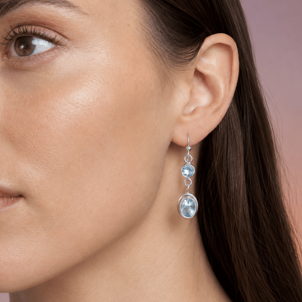 Round and Oval Blue Topaz French Wire Earrings
