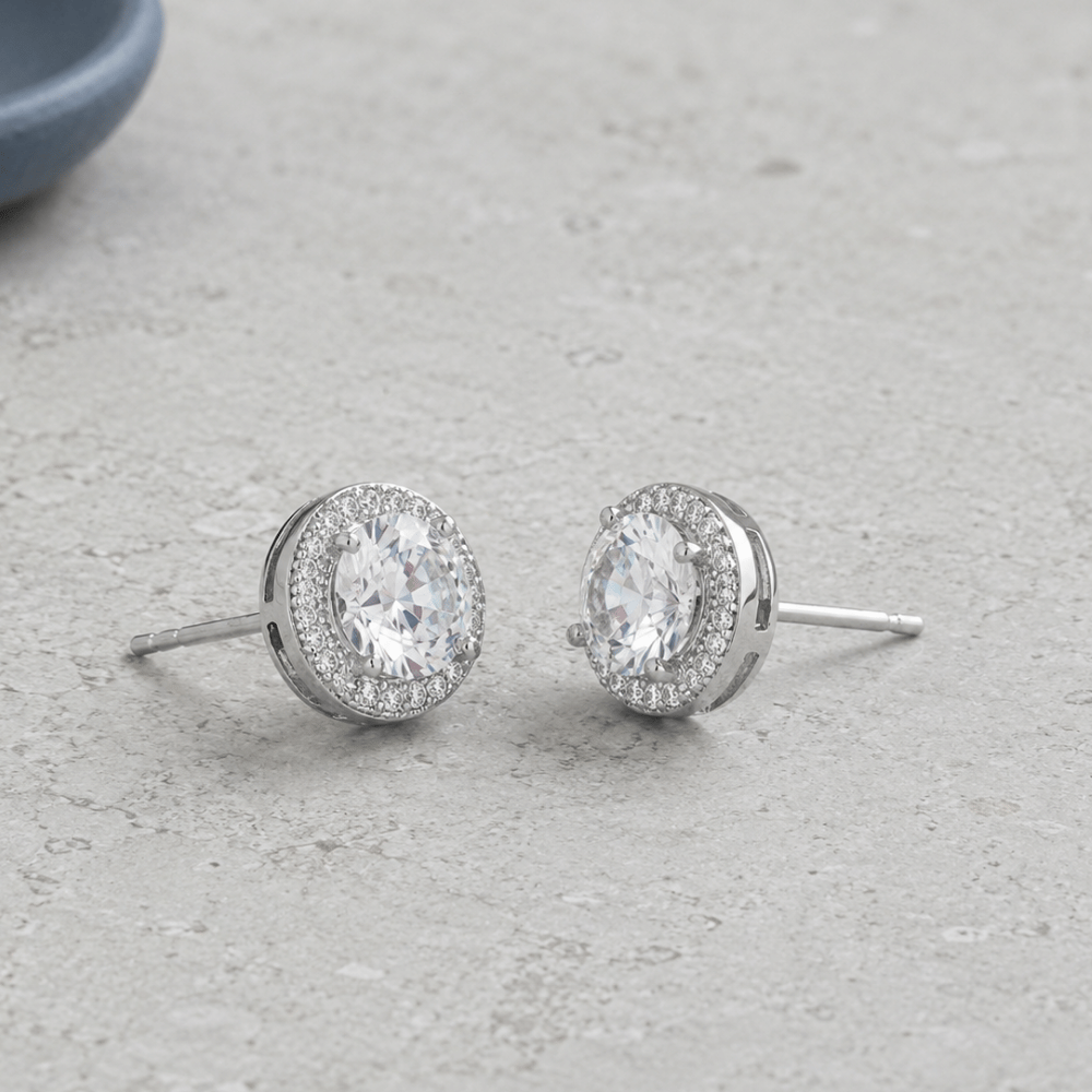 Rhodium Plated Elegant 6.5mm CZ Halo Studs
