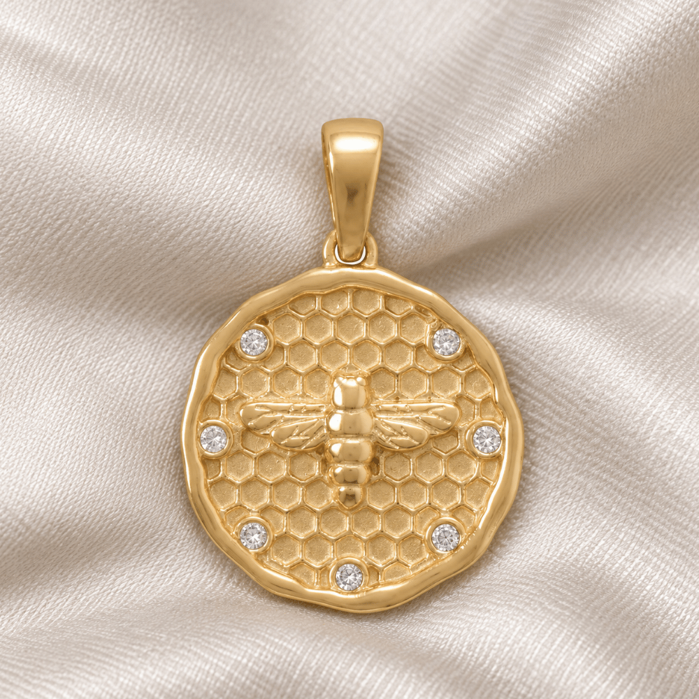 14 Karat Gold Plated Honeycomb, Bee and CZ Pendant