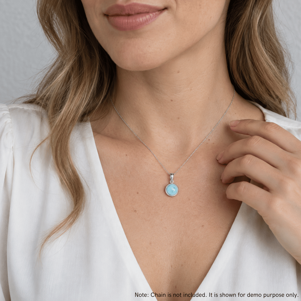 Rhodium Plated Round Larimar Pendant