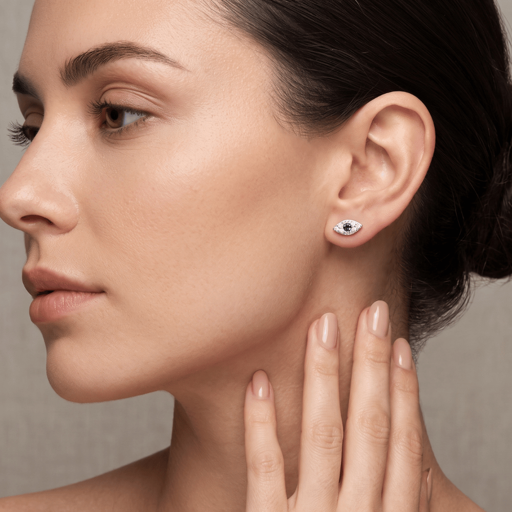 Blue CZ Evil Eye Stud Earrings