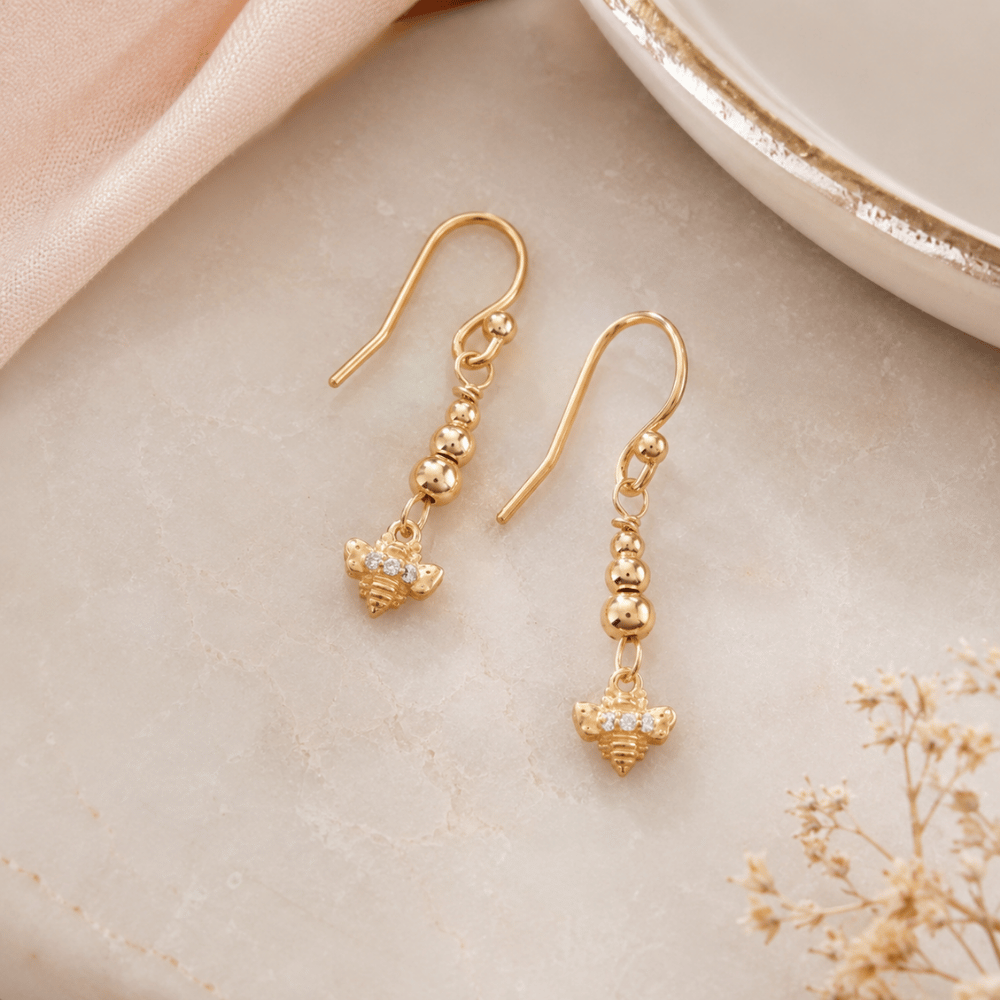 14 Karat Gold Plated Cubic Zirconia Bee Drop Earrings