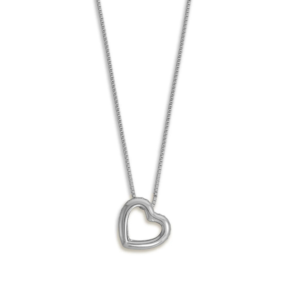 16" + 2" Rhodium Plated CZ Lined Floating Heart Necklace