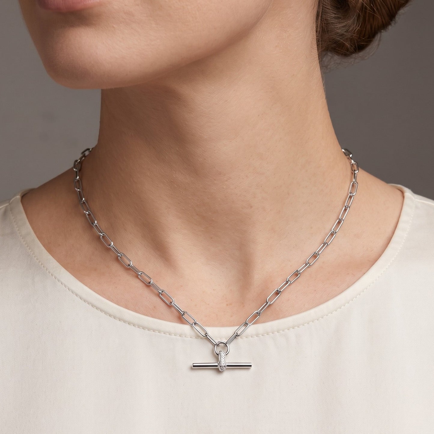 16" + 2" Rhodium Plated CZ Decorated Toggle Bar Necklace