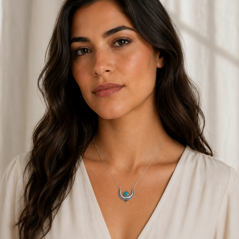 18" Oxidized Turquoise Crescent Necklace