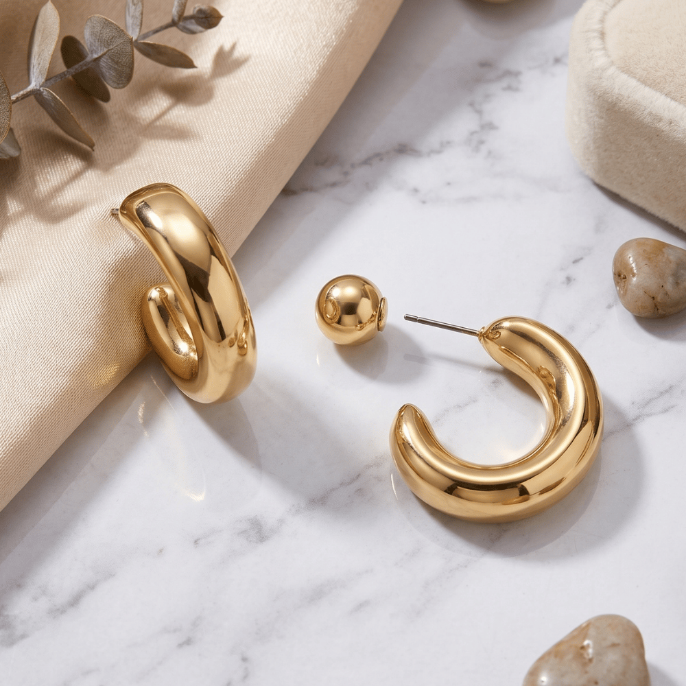 Gold Tone Chunky Fashion Hoop Ball Post Earrings