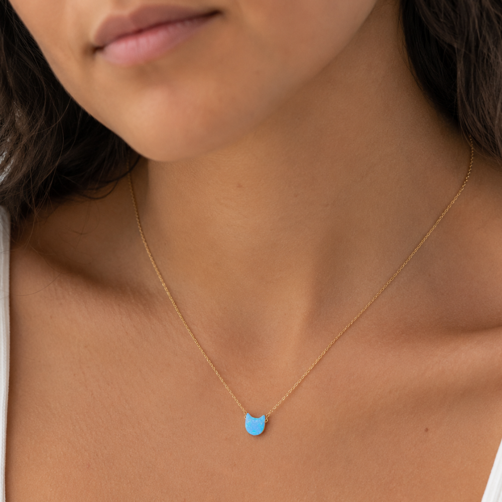 16" + 2" 14 Karat Gold Plated Synthetic Opal Kitty Cat Necklace