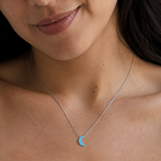 16" + 2" Rhodium Plated Synthetic Opal Moon Necklace
