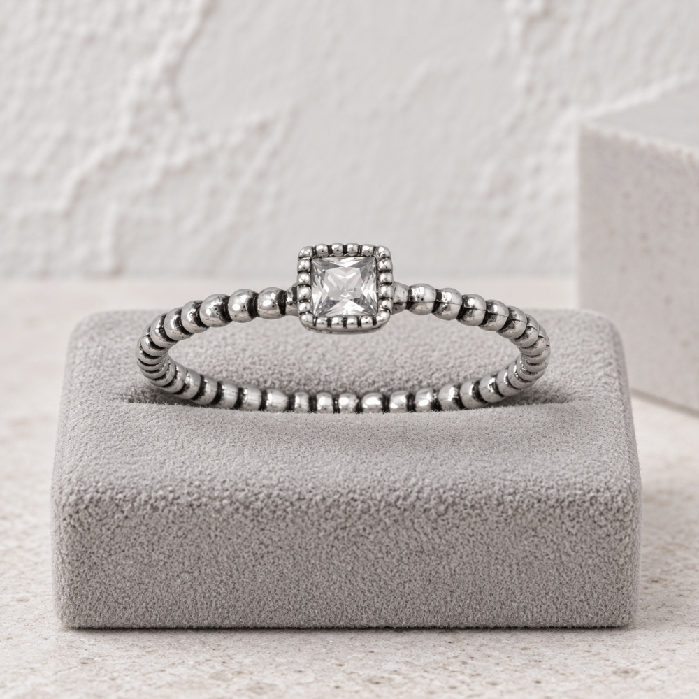 Rhodium Plated Oxidized Square CZ and Beaded Band Ring