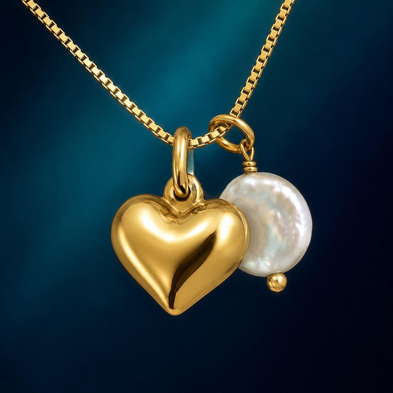 18" 14 Karat Gold Plated Puffy Heart and Cultured Freshwater Coin Pearl Necklace