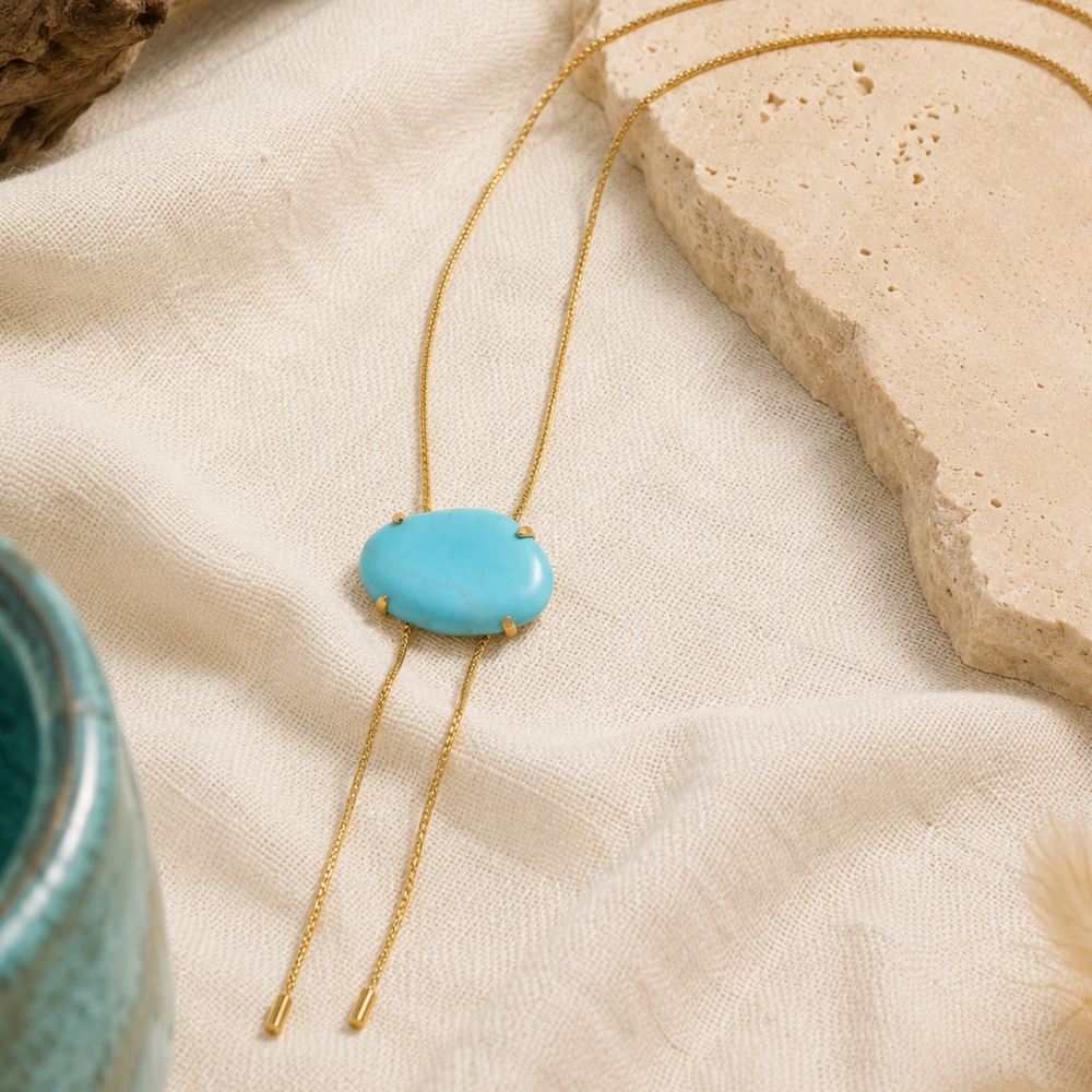 20" + 2" 18 Karat Gold PVD Stainless Steel Imitation Turquoise Bolo Necklace