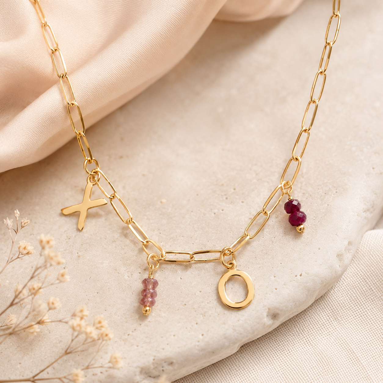 18” 14 Karat Gold Plated XO Charm Gem Drop Necklace