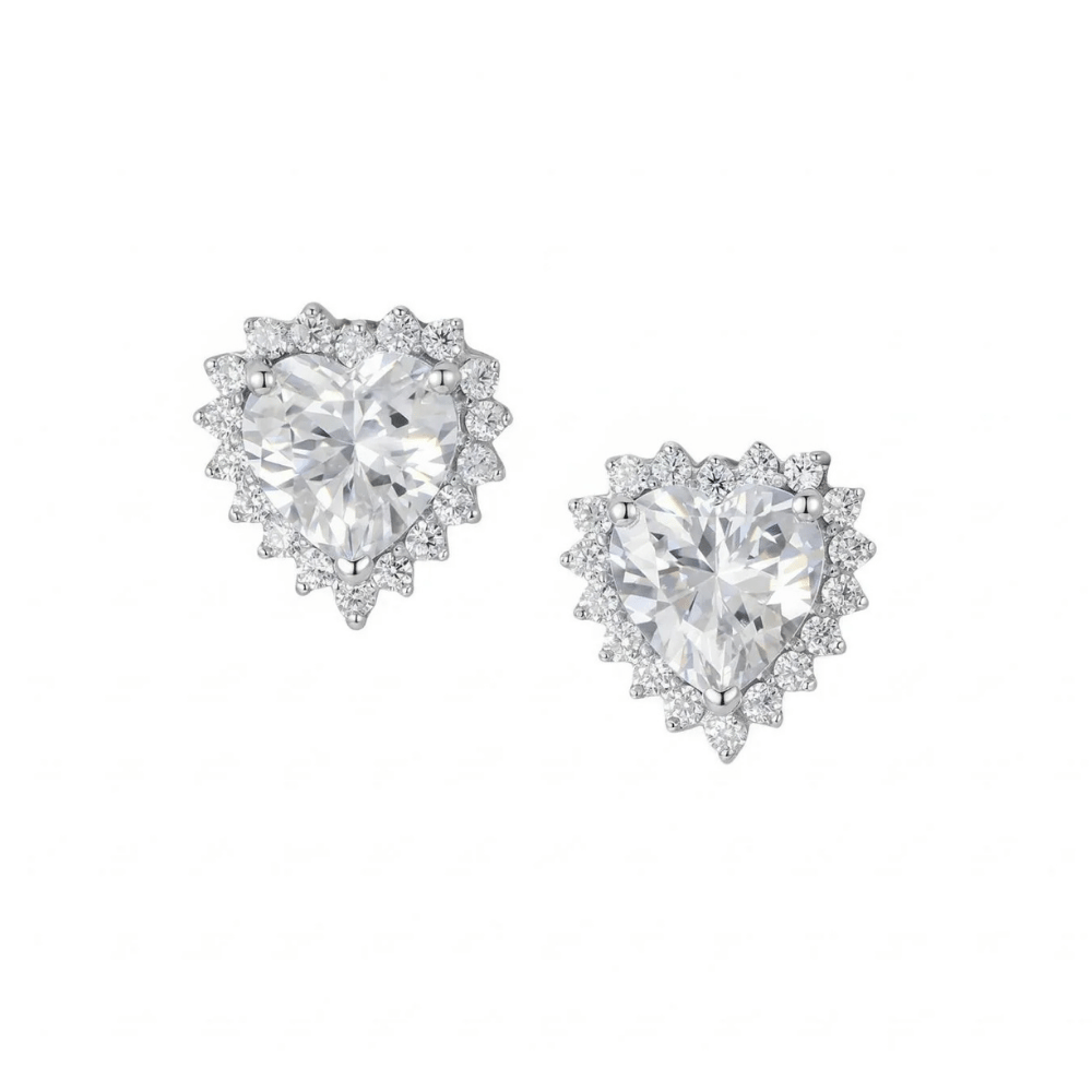 Rhodium Plated CZ Heart Halo Stud Earrings