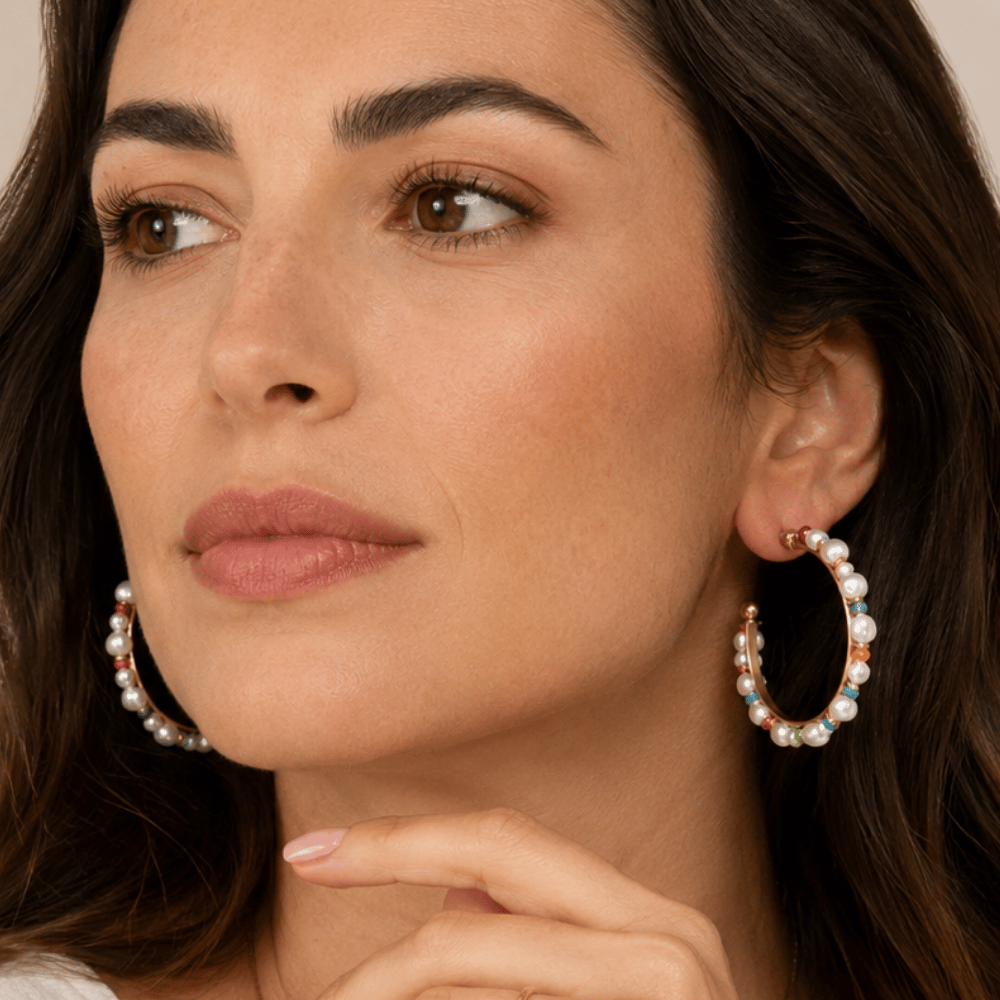 Gold Tone Rainbow Seed Bead and Imitation Pearl 3/4 Fashion Hoop Earrings
