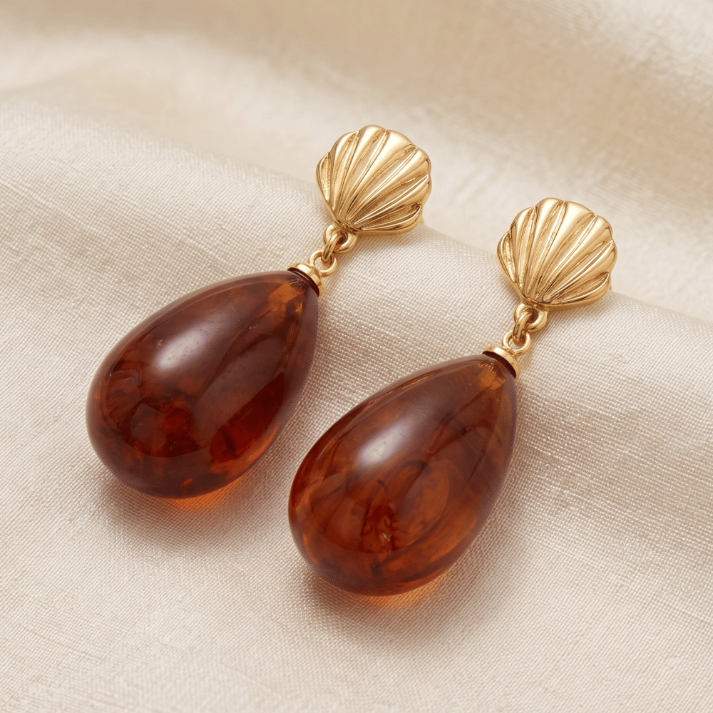 Gold Tone Shell and Marbled Acrylic Drop Fashion Earrings