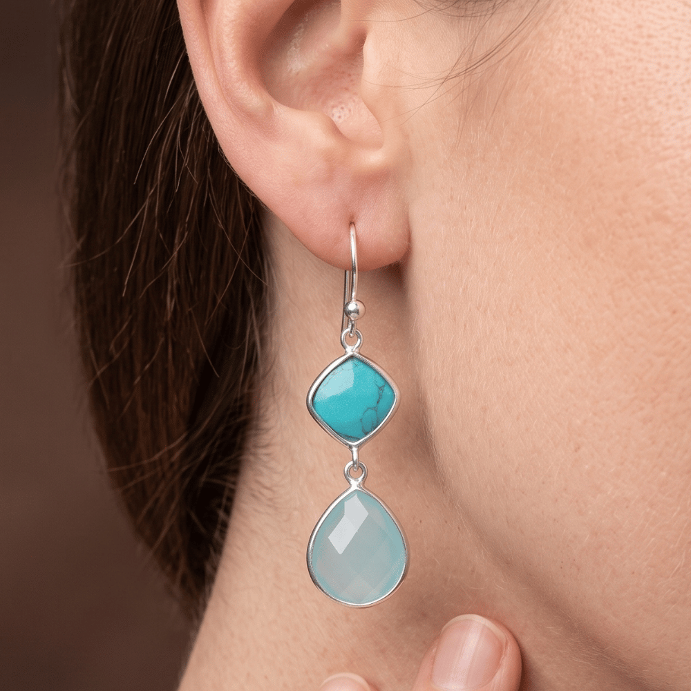 Stabilized Turquoise and Sea Green Chalcedony Drop Earrings