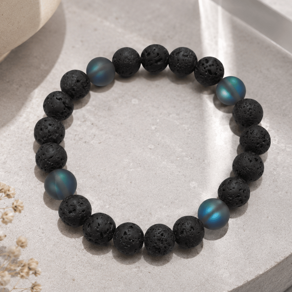 8" Black Lava and Glass Bead Stretch Bracelet