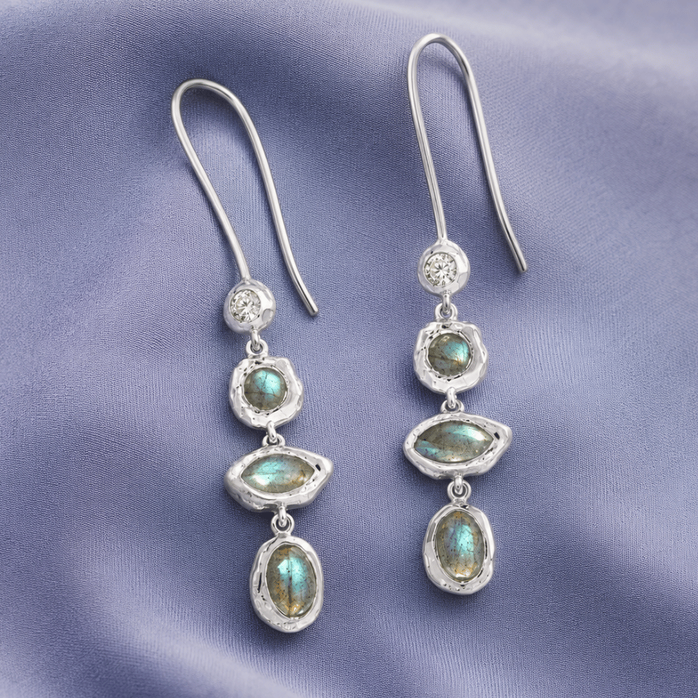 Rhodium Plated Hammered CZ and Labradorite Earrings