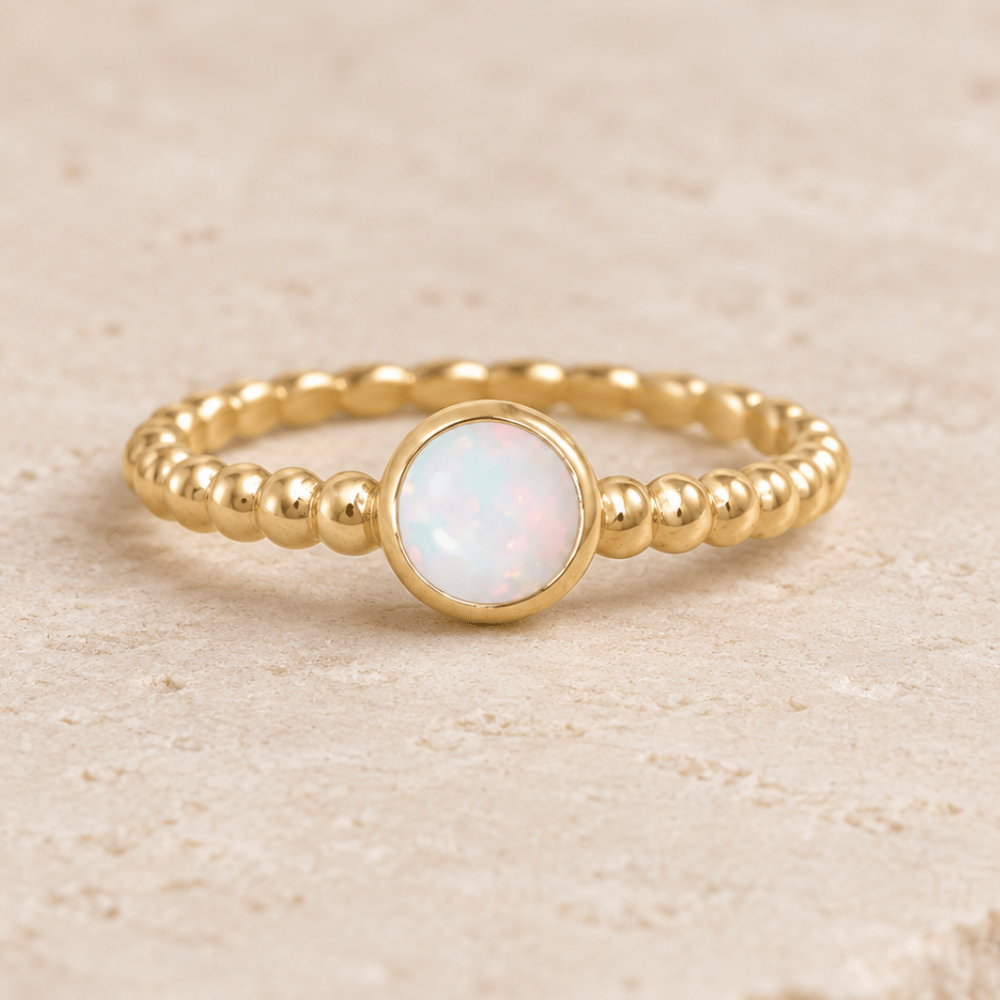 Round Synthetic Opal Ring - White Opal - Gold - view 2