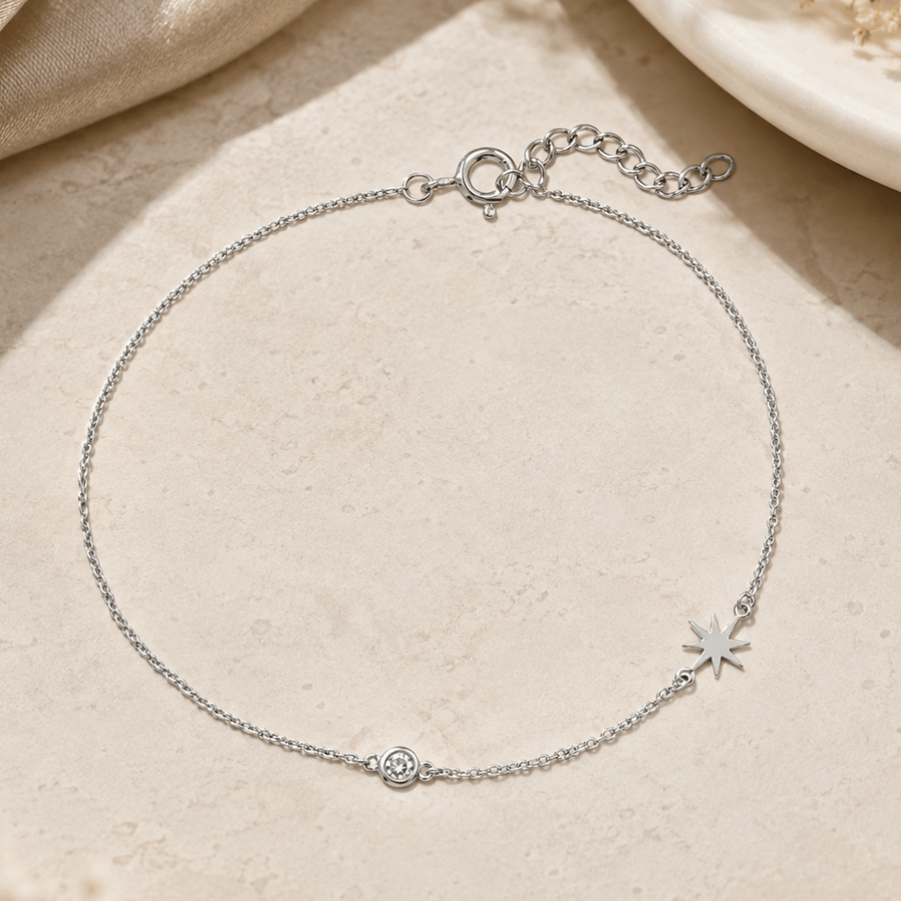 9" + 1" Rhodium Plated CZ and Starburst Anklet