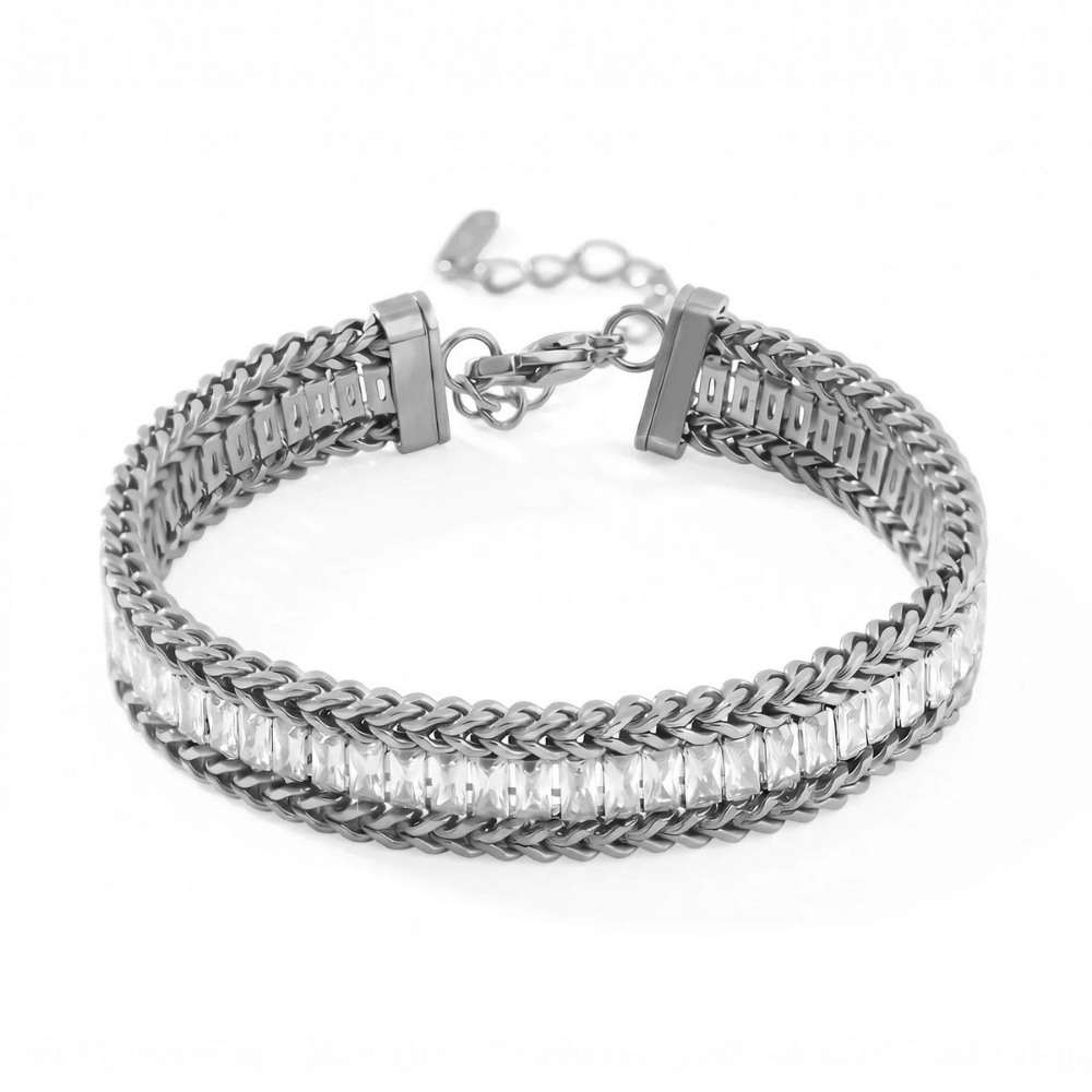 6" + 2" Stainless Steel Baguette CZ 10mm Wheat Chain Bracelet
