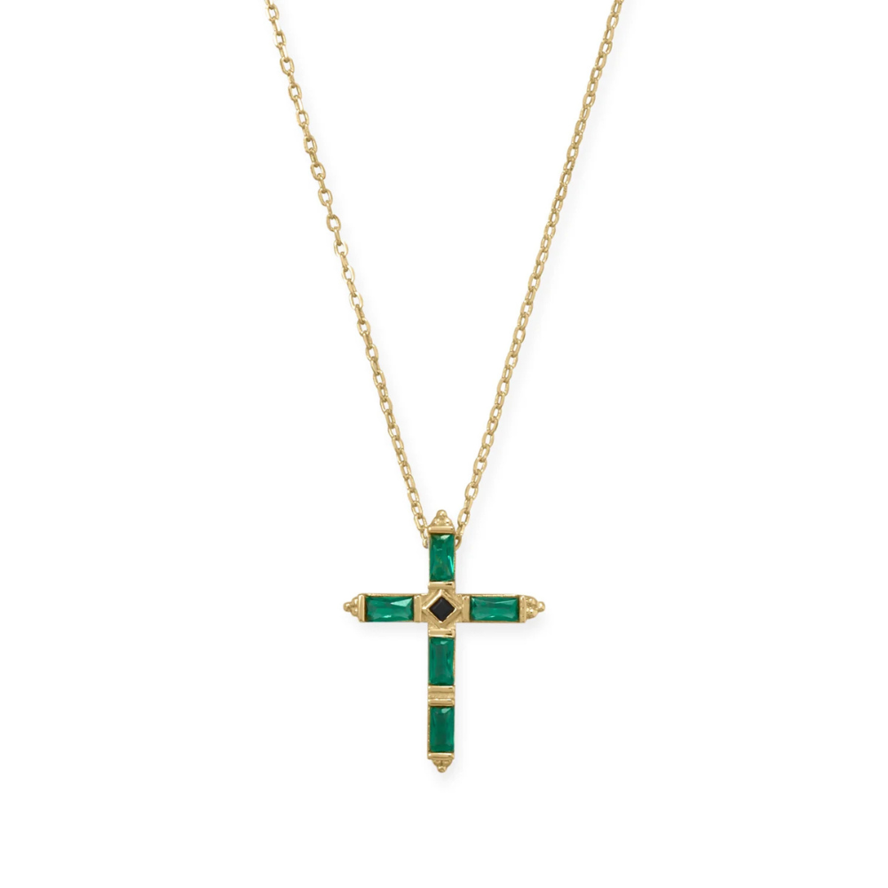 16" + 2" Green and Black CZ Cross Necklace