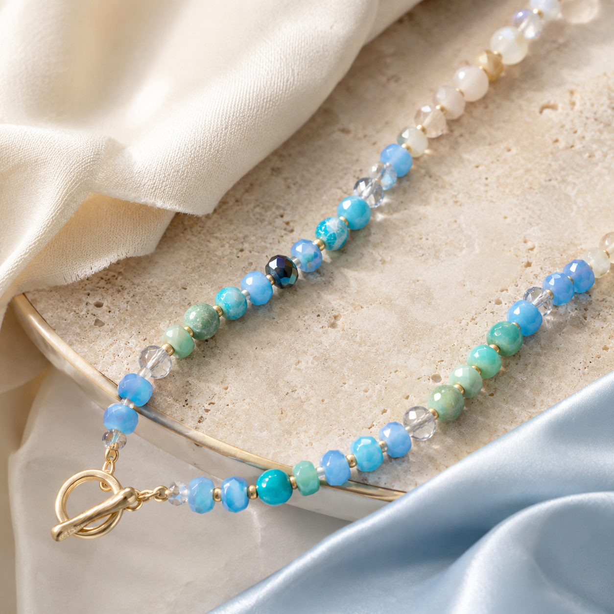 18" Blue Rondell Glass and Dyed Howlite Bead Fashion Toggle Necklace