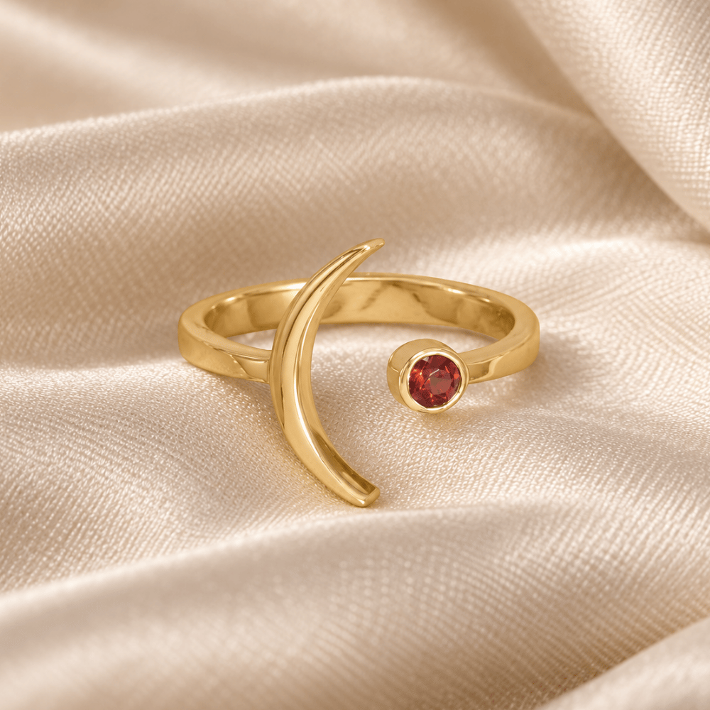 14 Karat Gold Plated Moon and Garnet Ring