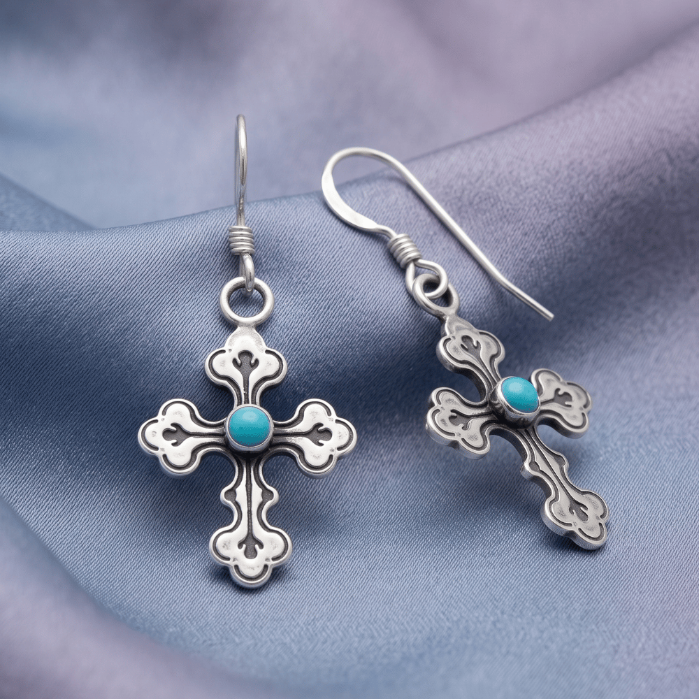 Oxidized Cross Earrings with Turquoise Center