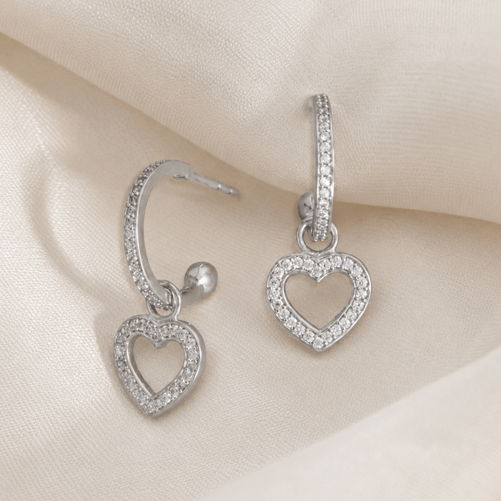 CZ Heart Charm Hoop Earrings