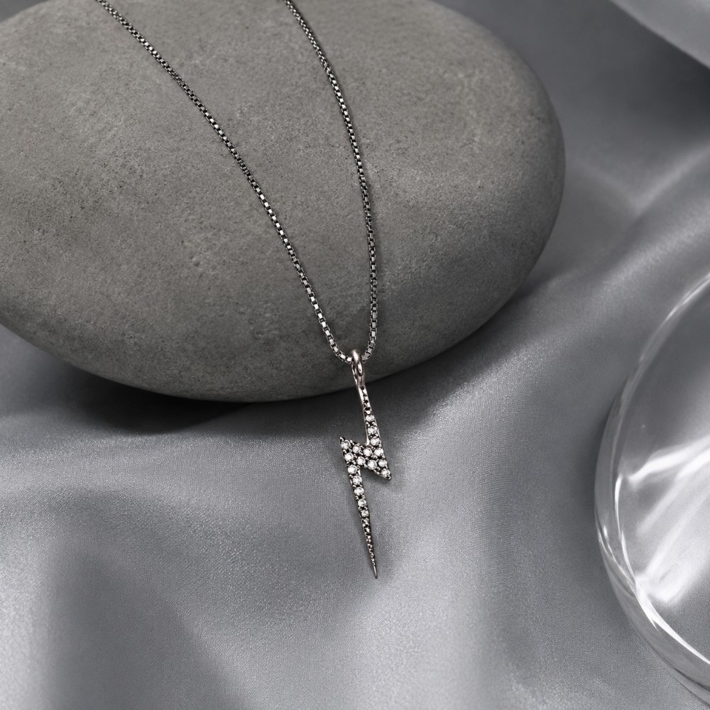 16" Black Rhodium Plated Diamond Studded Lightning Bolt Necklace