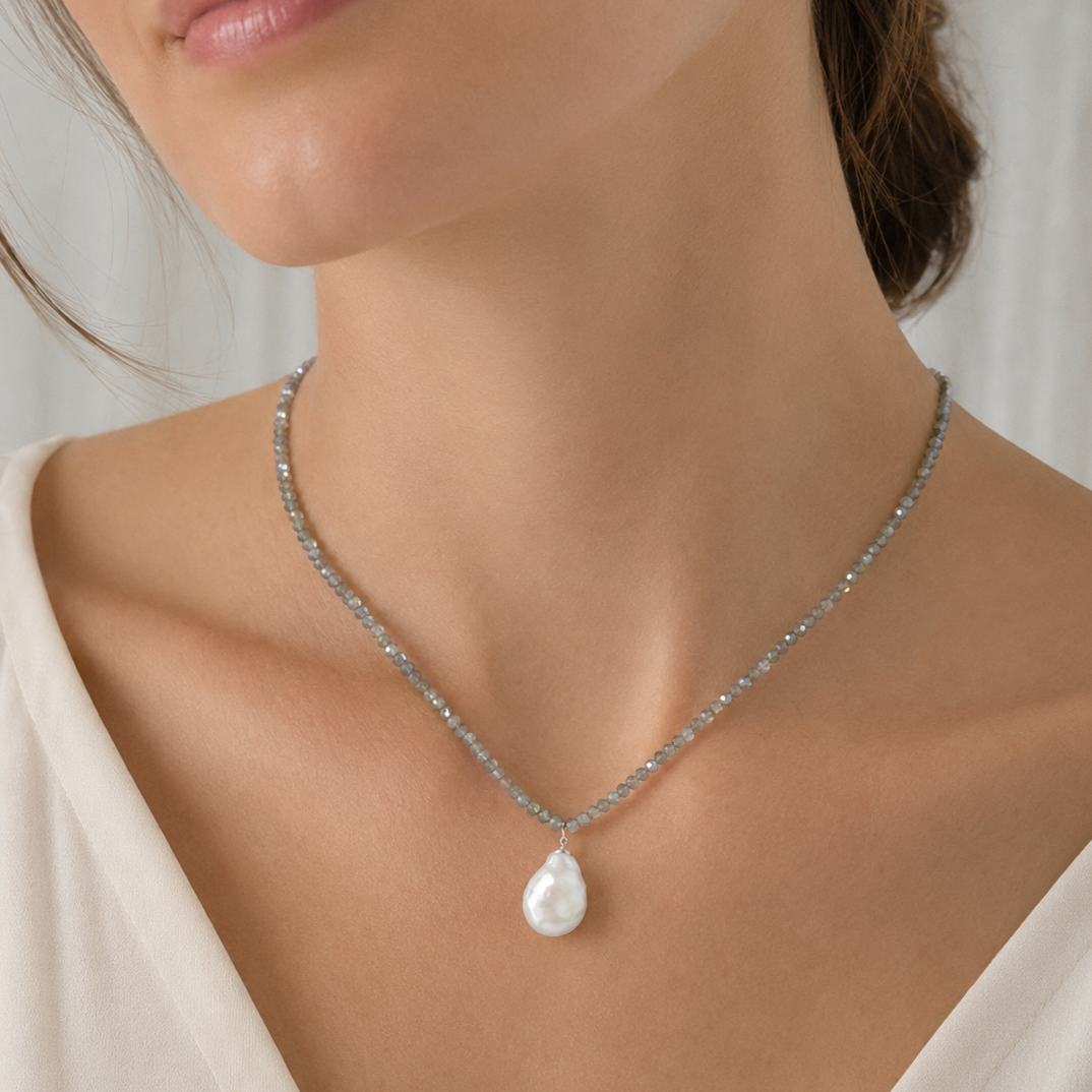 16" + 2" Labradorite and Baroque Pearl Drop Necklace