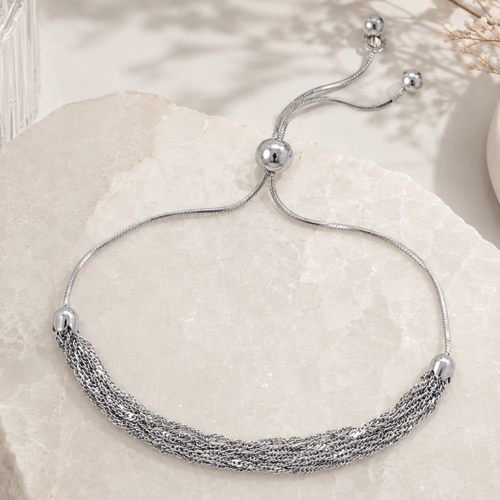 Rhodium Plated Six Strand Chain Bolo Bracelet