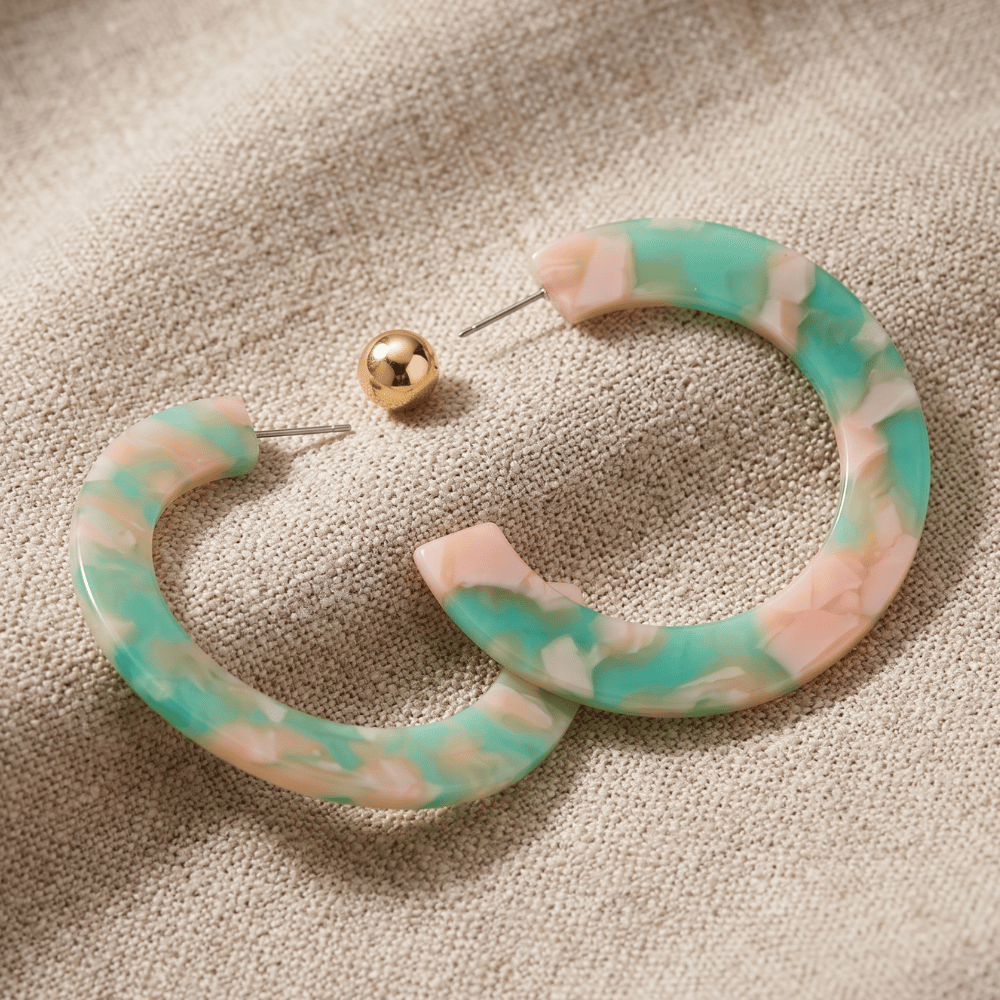 Gold Tone Green Marble Acrylic 3/4 Hoop Earrings