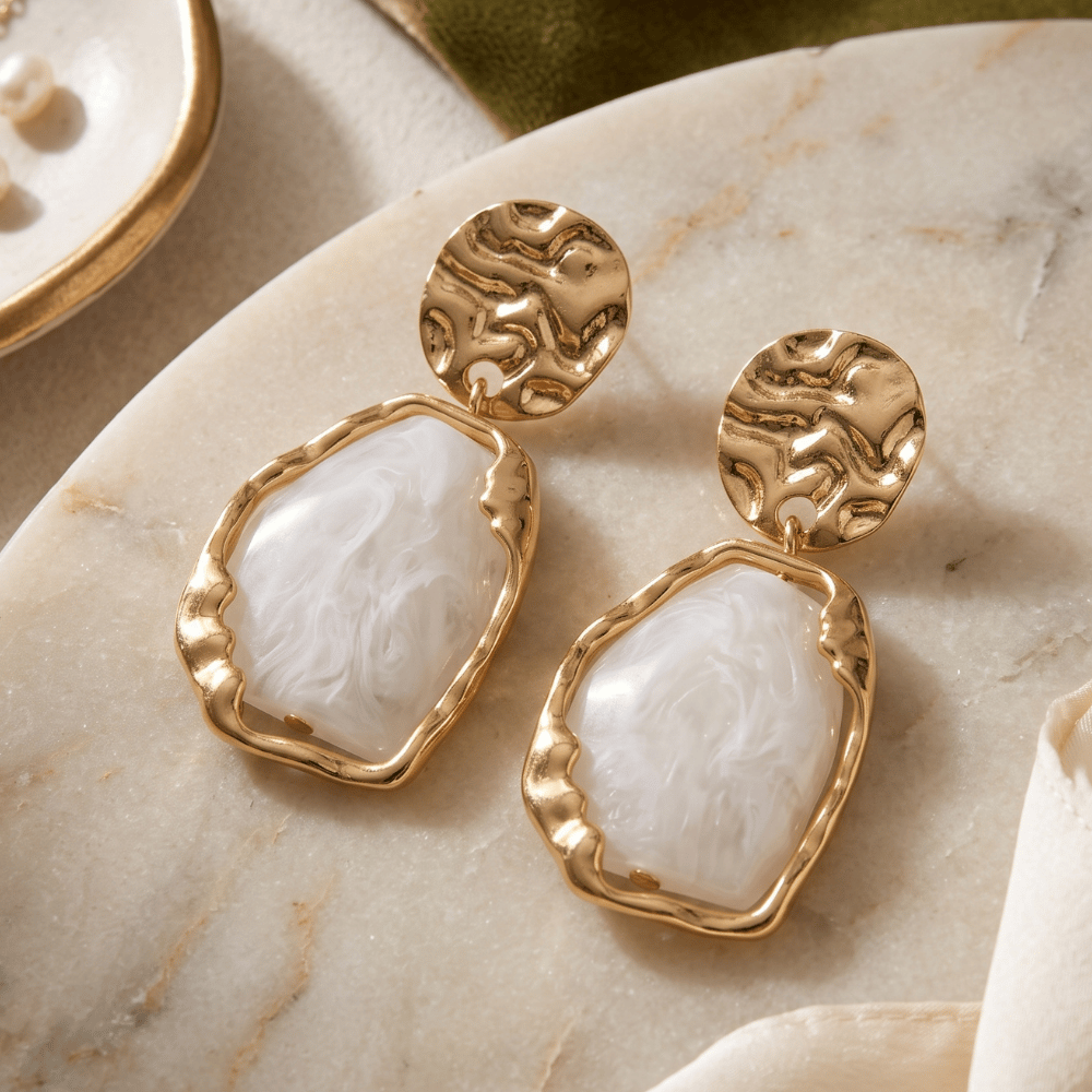 Gold Tone Textured Disc and White Marble Acrylic Drop Fashion Earrings