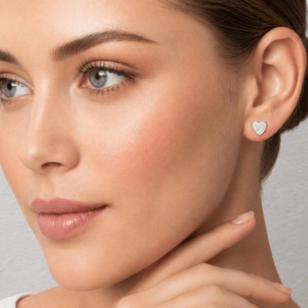 Stylized Pave CZ Heart Stud Earrings