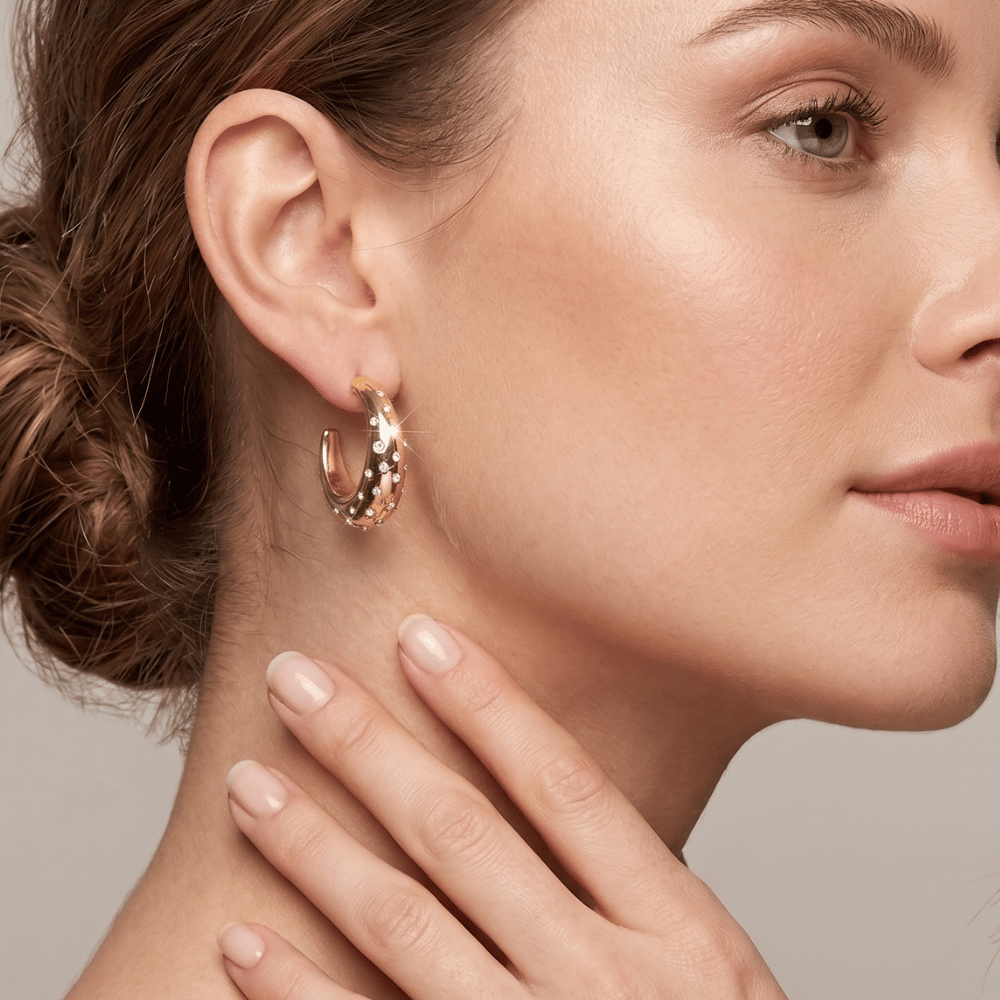 Gold Tone Crystal 3/4 Puffy Fashion Hoop Earrings
