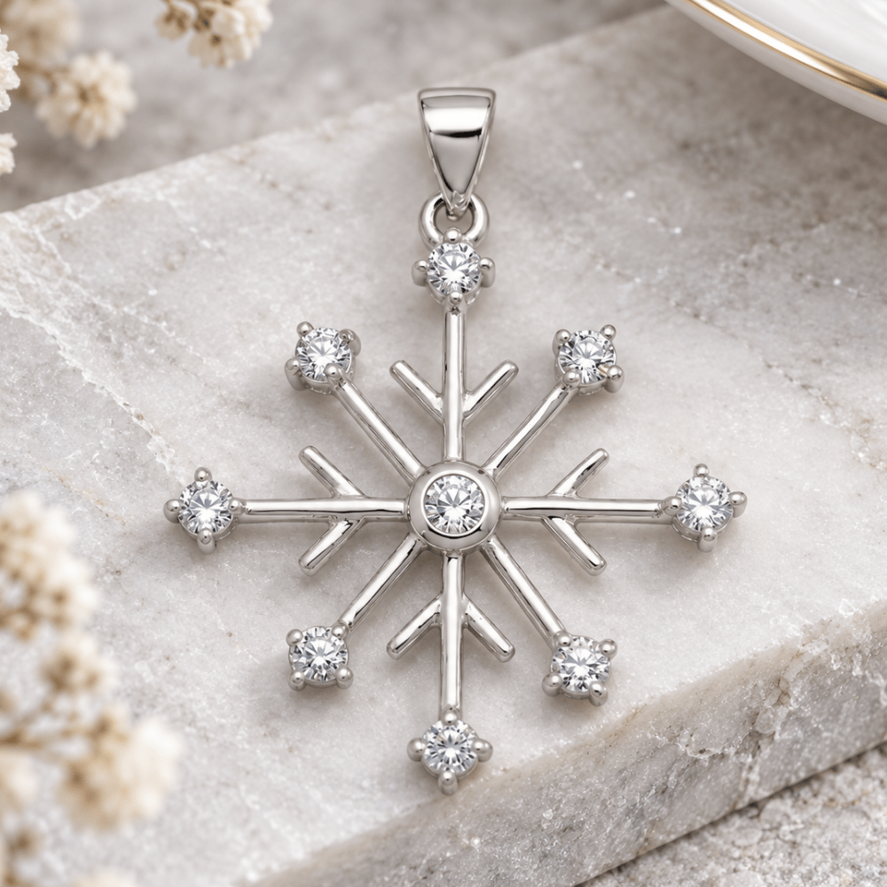 Rhodium Plated 8 Point CZ Snowflake Pendant