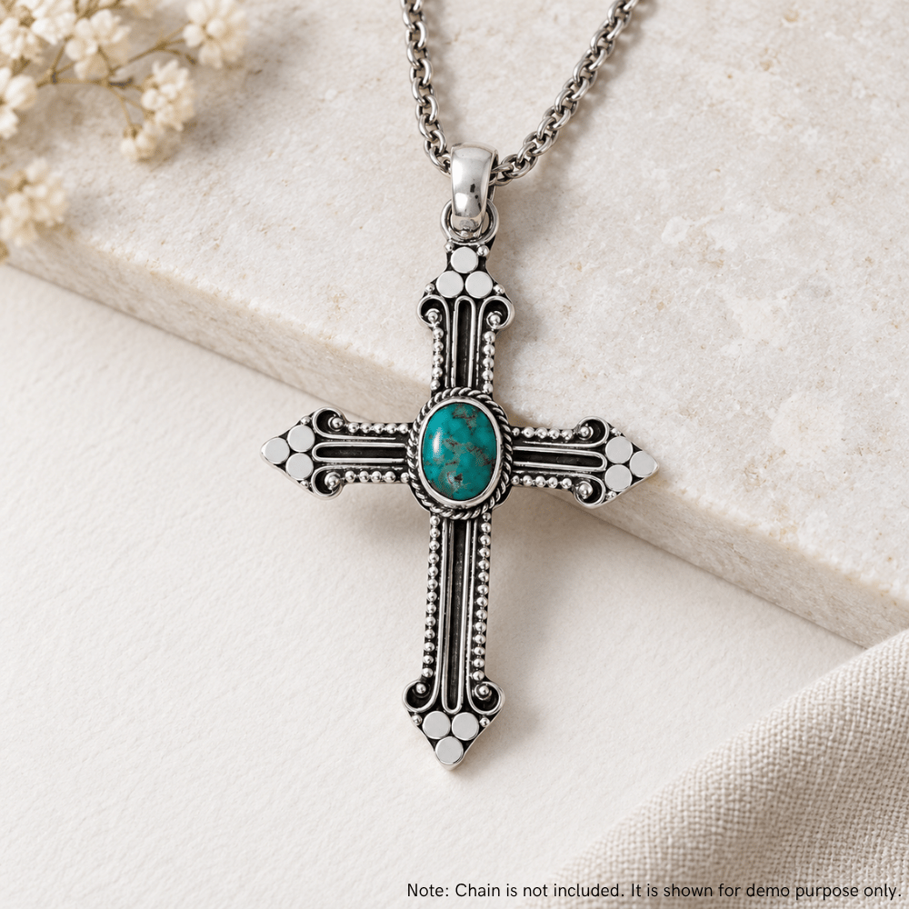 Turquoise Fleur de Lis Style Bali Cross Pendant