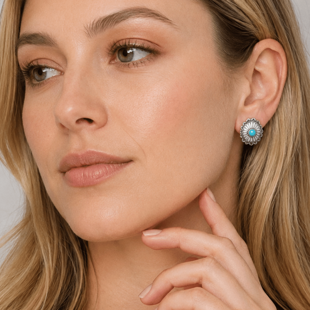 Oxidized Turquoise Concho Stud Earrings