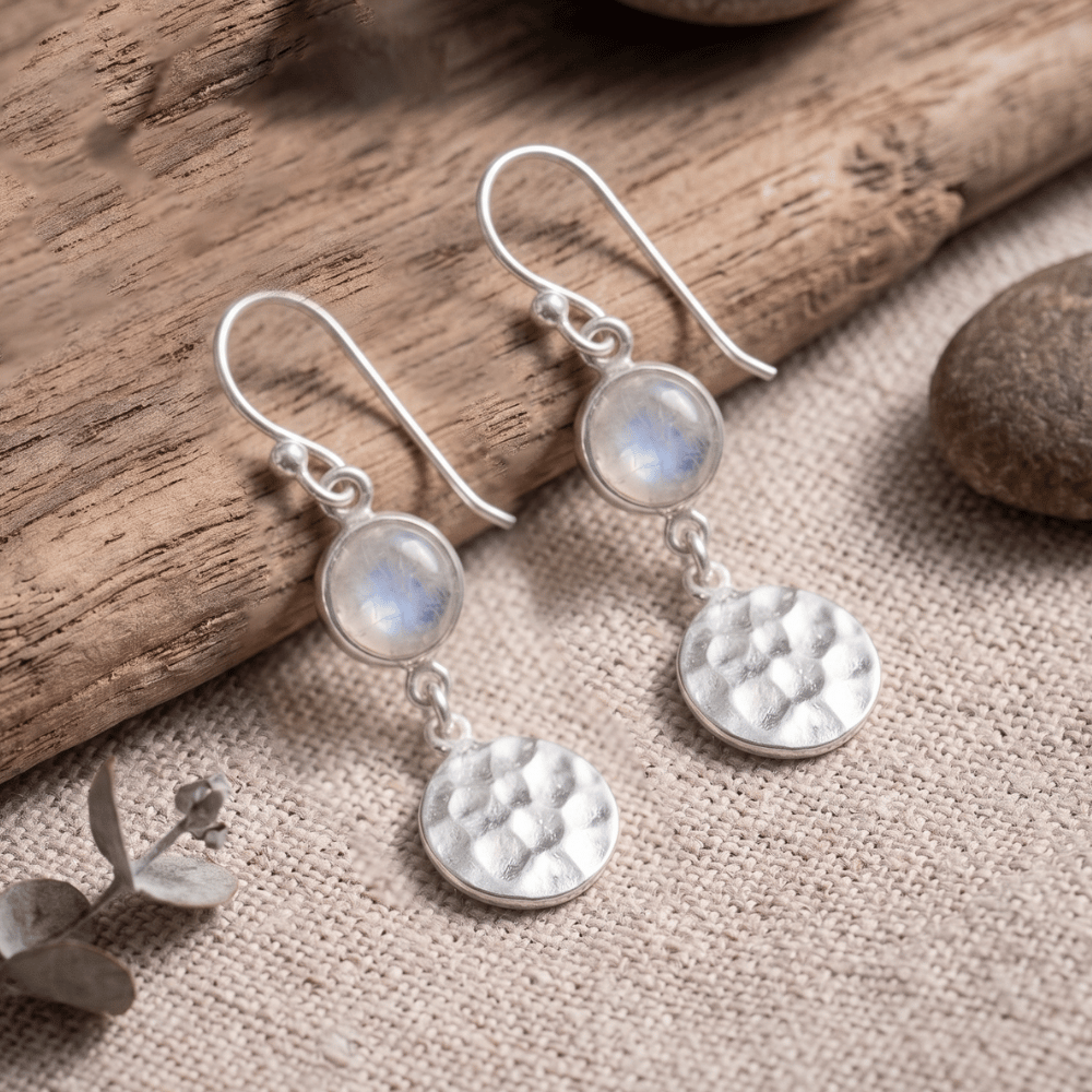 Polished Hammered Disc Rainbow Moonstone French Wire Earrings